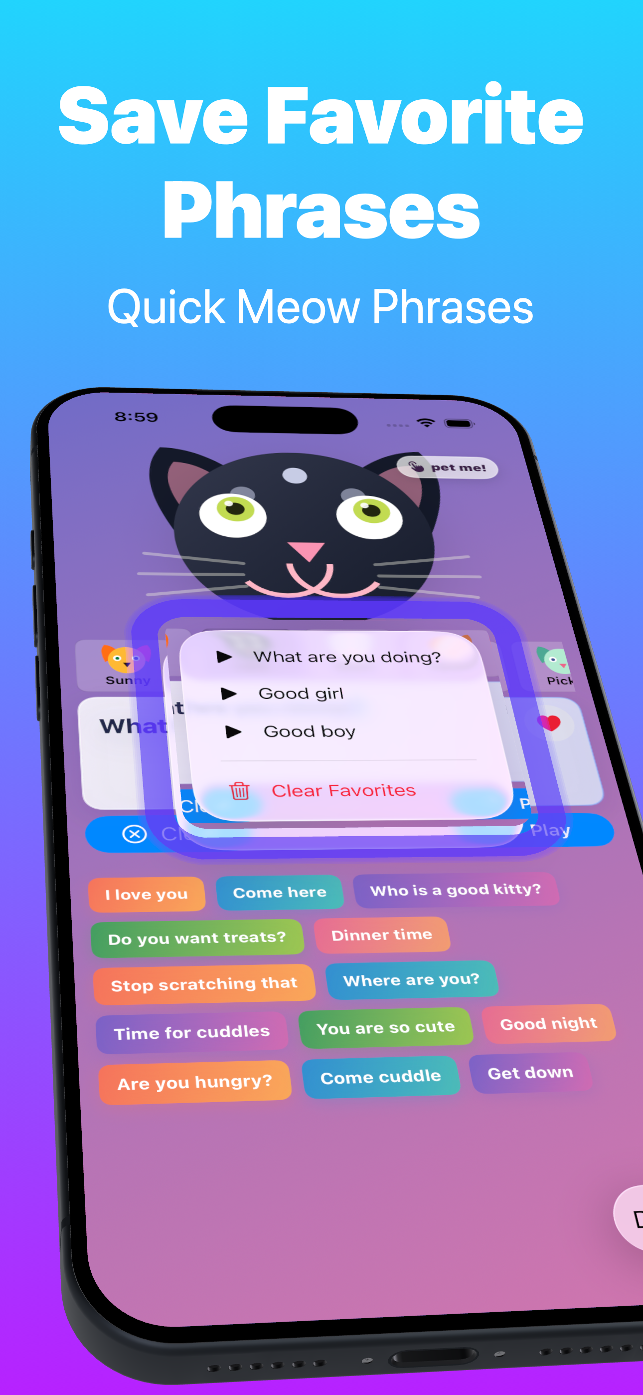 Favorite meow phrases screen