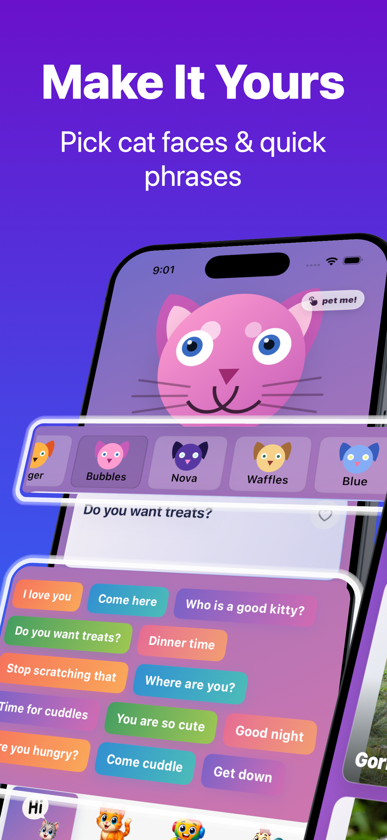 Cat faces and quick phrases screen